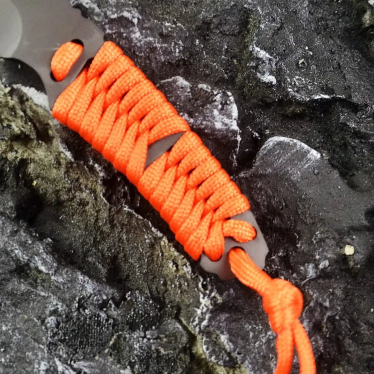 Outdoor camping rope knife with 80mm 5Cr15 steel blade, binding rope handle, and ABS sheath