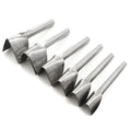 Set of six steel leather craft punch tools with half-round and V-shaped blades, sizes 15mm to 40mm.