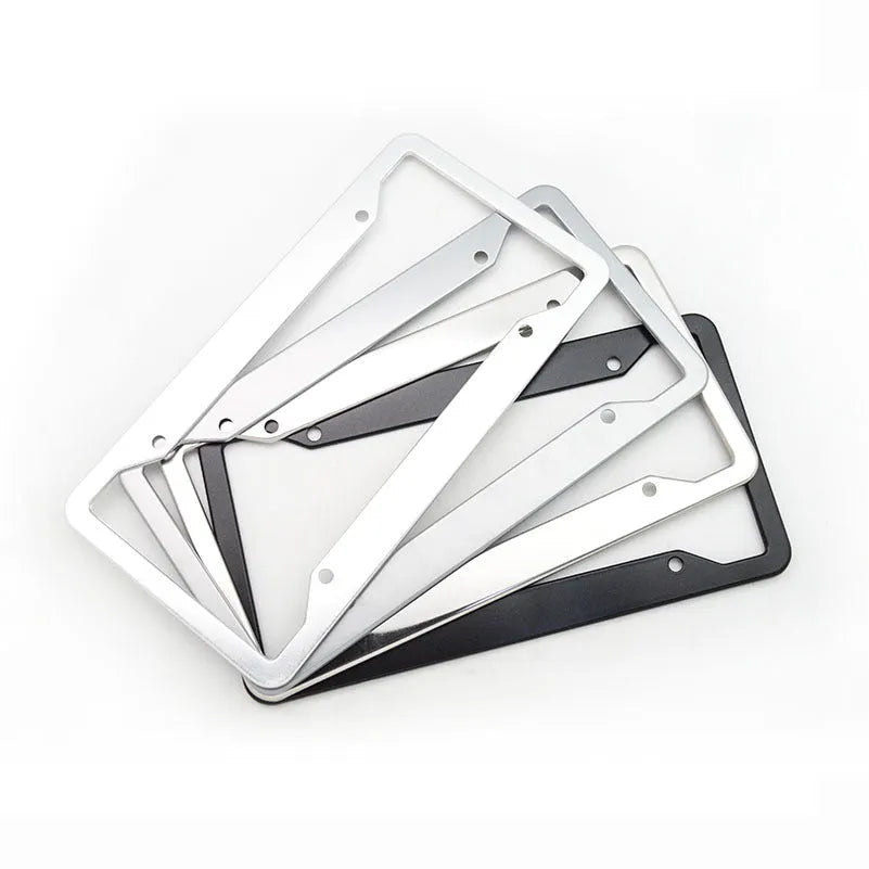 Aluminum alloy license plate frame in four colour options showing dimensions