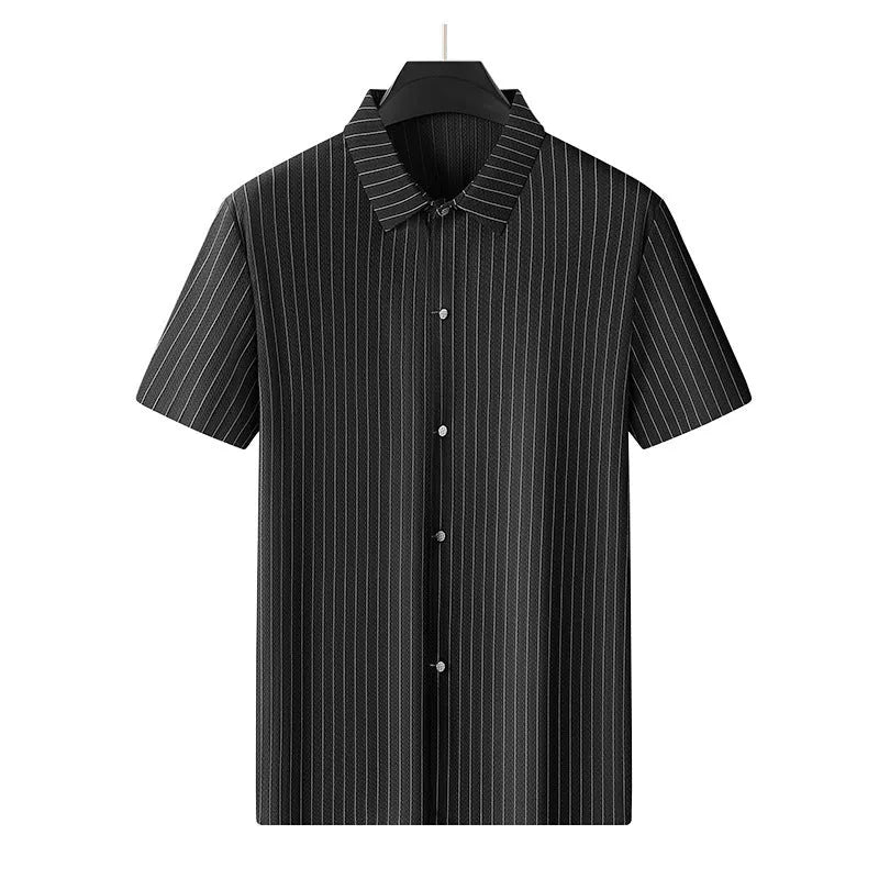 Men's black and khaki striped plus size casual shirt with square collar in loose fit