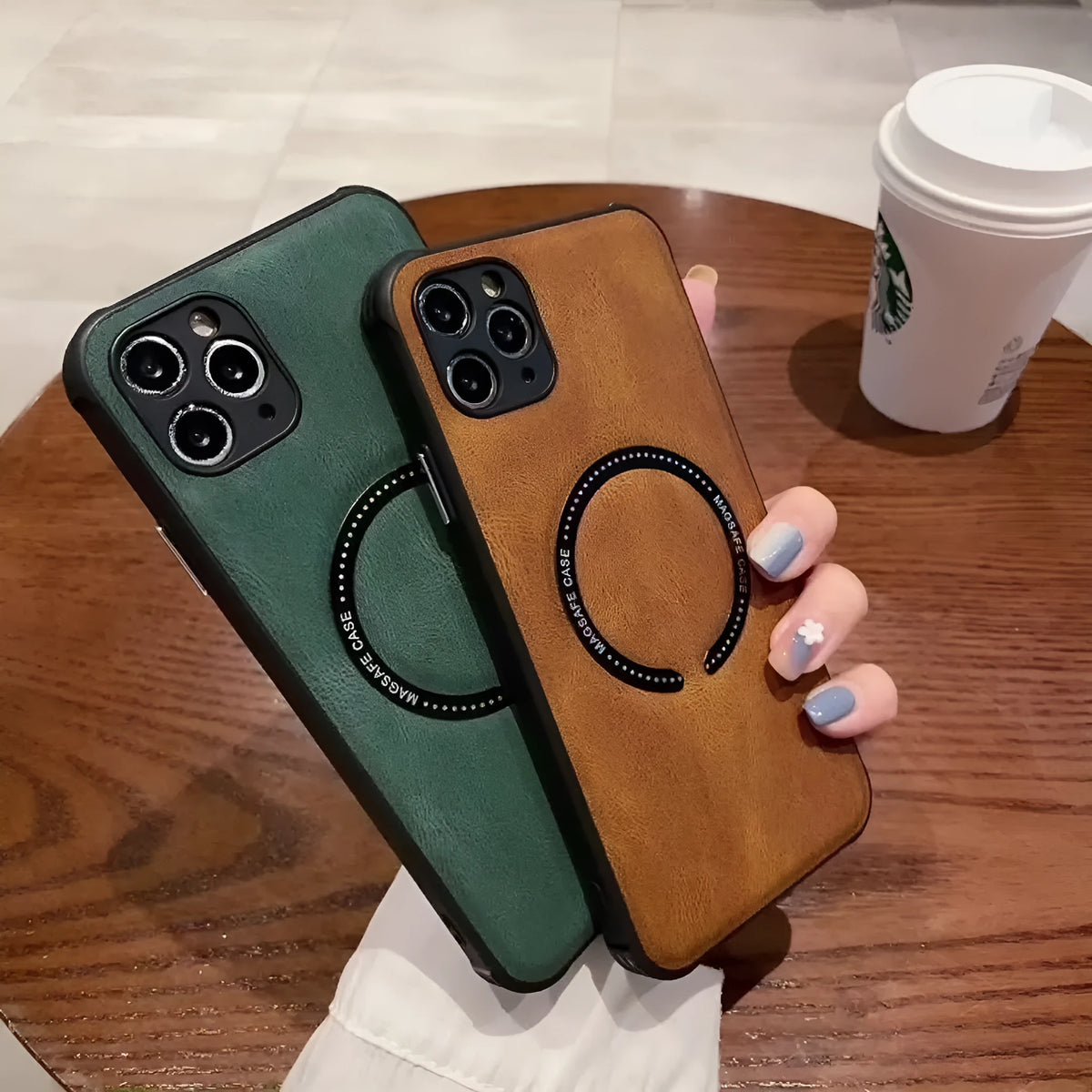 Black imitation leather magnetic charging phone case for iPhone showing business design