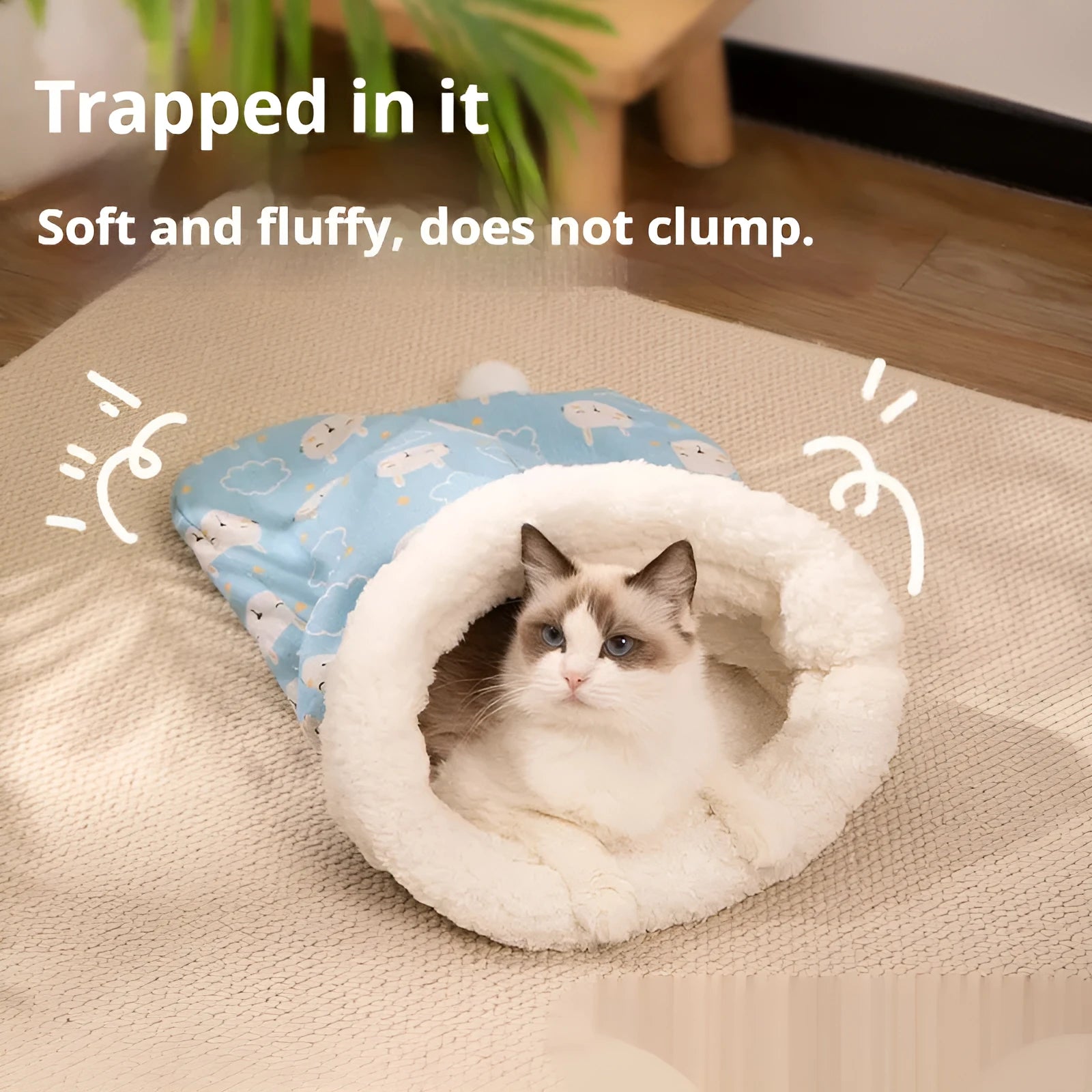 Flannel cat sleeping bag pet nest measuring 50 by 40 cm in a blue rabbit pattern.