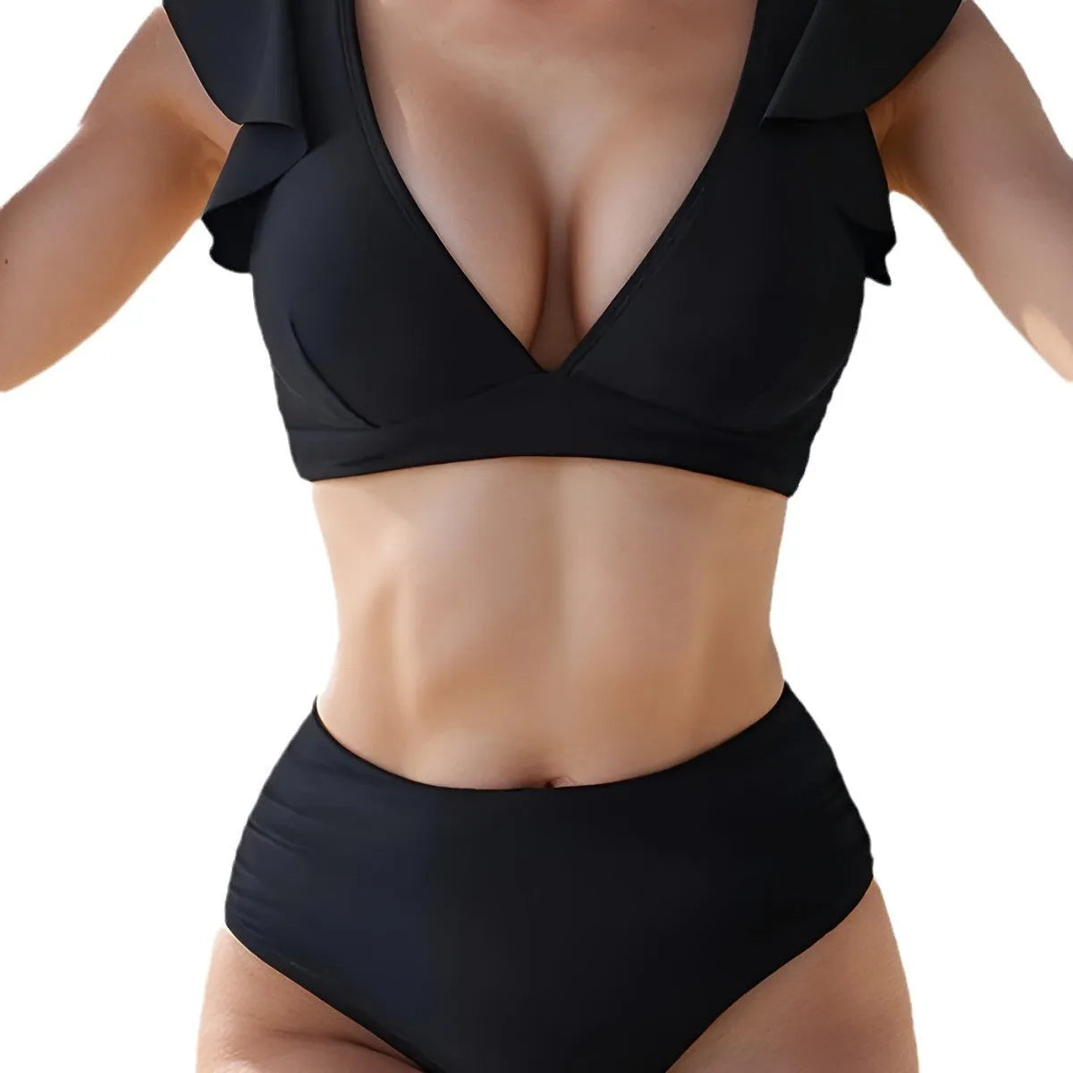 Black nylon high waist split bikini set with ruffle trim for women