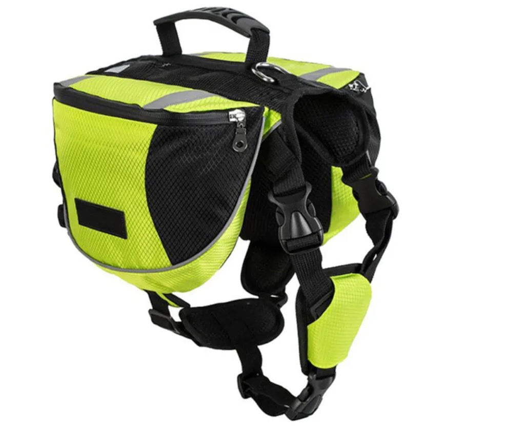 Dog hiking pack with adjustable neck, breathable mesh, reflective tape and large capacity in black