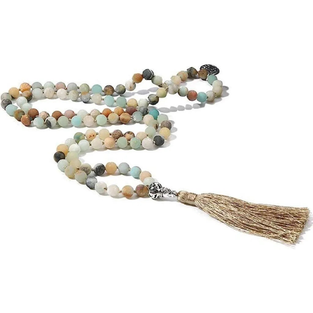 Handmade knotted beaded necklace with 108 stone beads on an 81cm chain