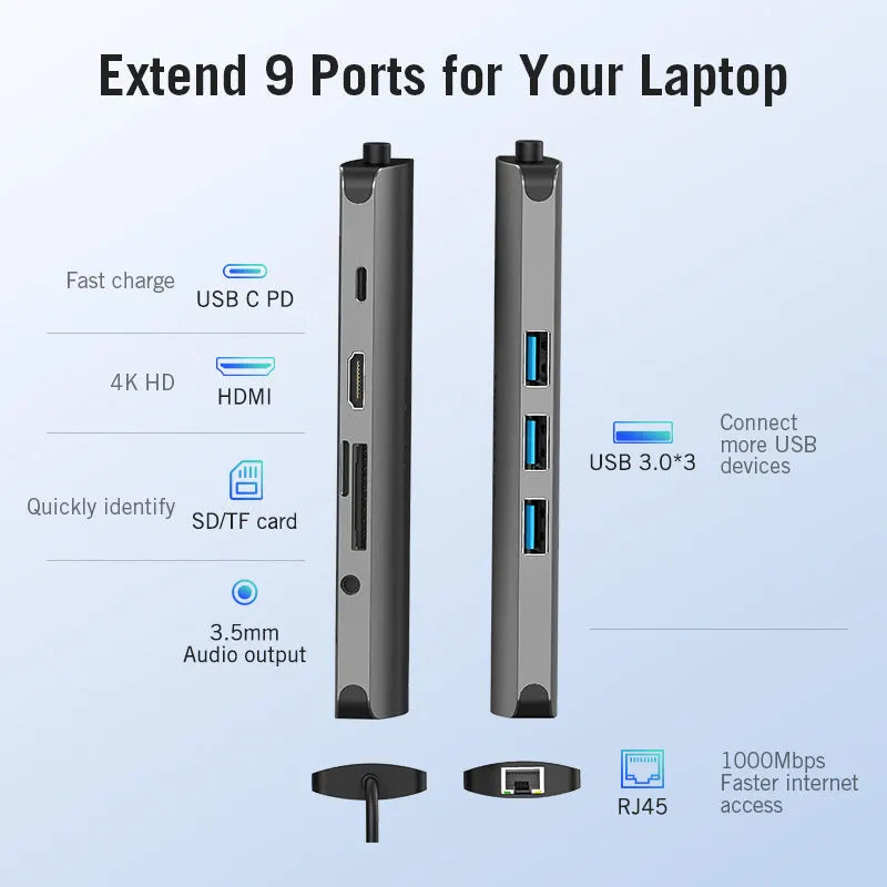 Deep grey USB-C multiport hub with HDMI, USB 3.0, Ethernet, and card reader ports on a desk.