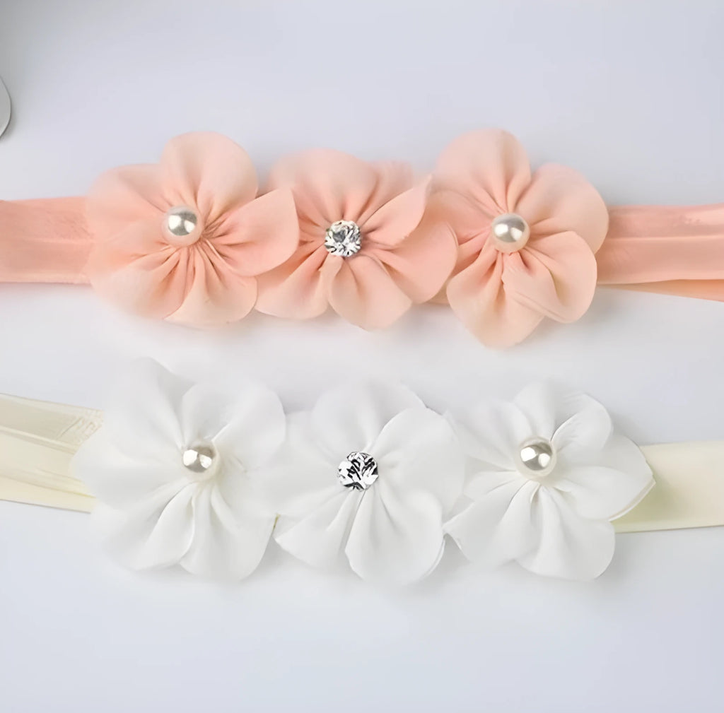 Three little plum blossom baby headband in white and meat pink fabric floral children’s hairband