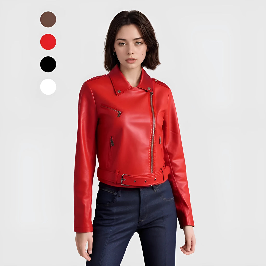 Women's red PU leather motorcycle jacket with belt lapel design on a hanger