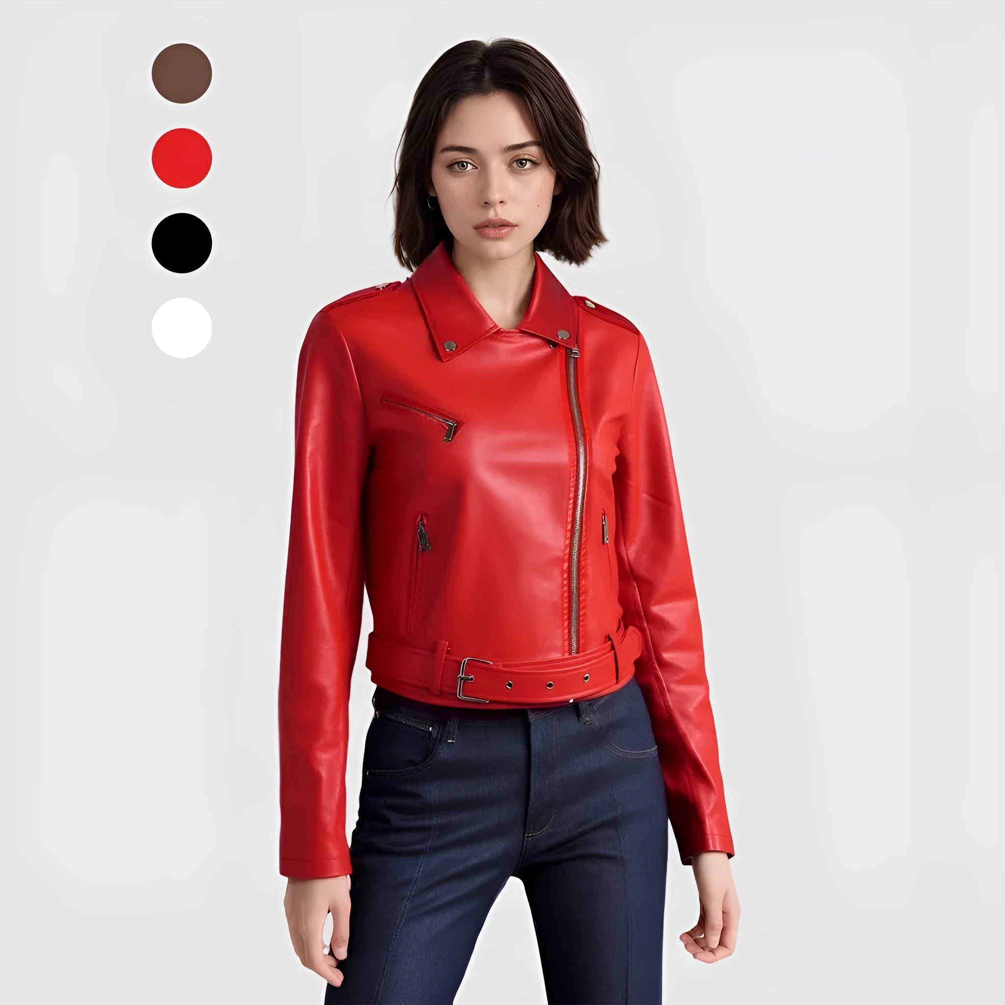 Women's red PU leather motorcycle jacket with belt lapel design on a hanger