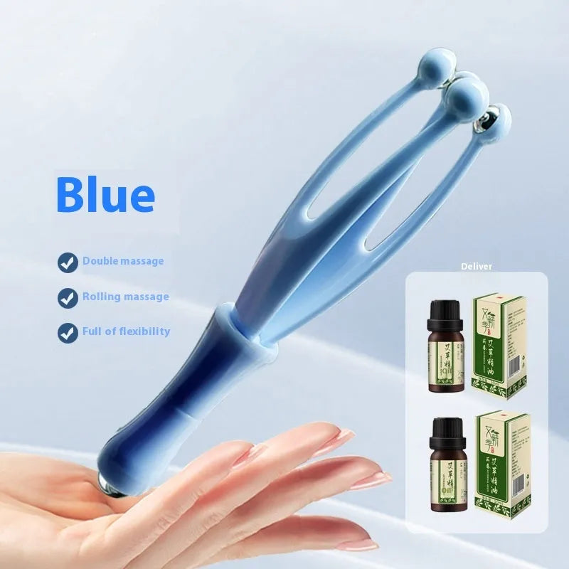 Blue and white PP plastic finger massager with visible steel ball rollers for hand joint care.