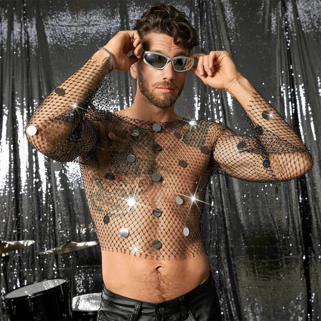 Men's black nylon fishnet vest with diamond sequin detailing, loose street-style sleeveless top