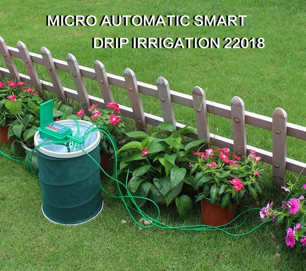 Green automatic micro drip irrigation kit with smart controller, 10m vinyl tube and 10 steel pegs