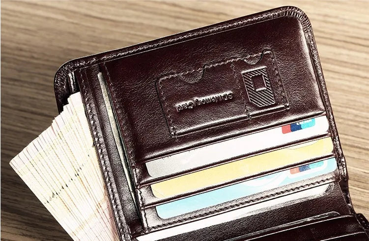 Men's leather wallet showing multiple internal compartments including photo position, card slots and banknote folder