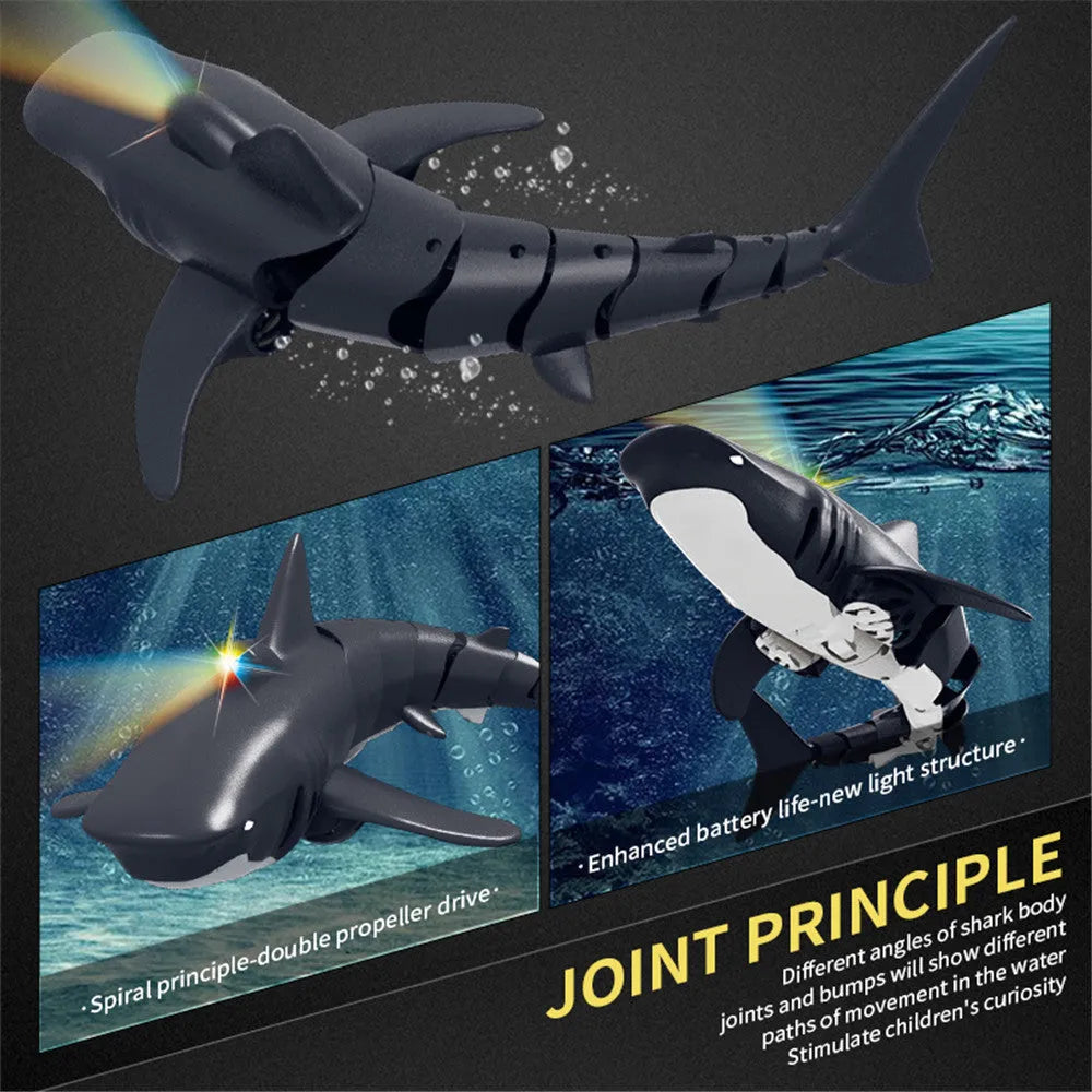 Remote control shark boat water toy for children with handle controller, plastic body, colour box, and USB power option.