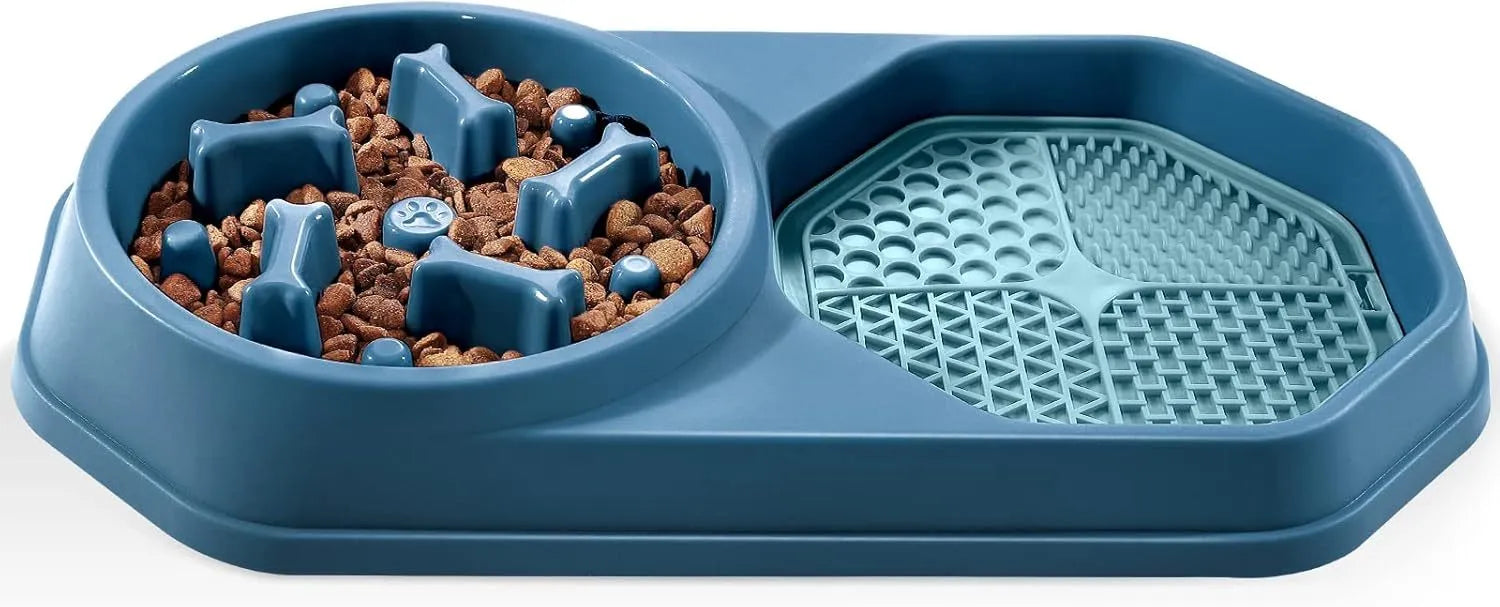 Blue slow feeder dog bowl with maze pattern for anti-gulping, shown with four non-slip pads.