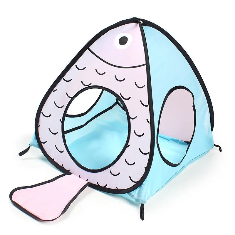 Foldable pet tent cat tunnel with cat and fish design in blue, white and orange colours