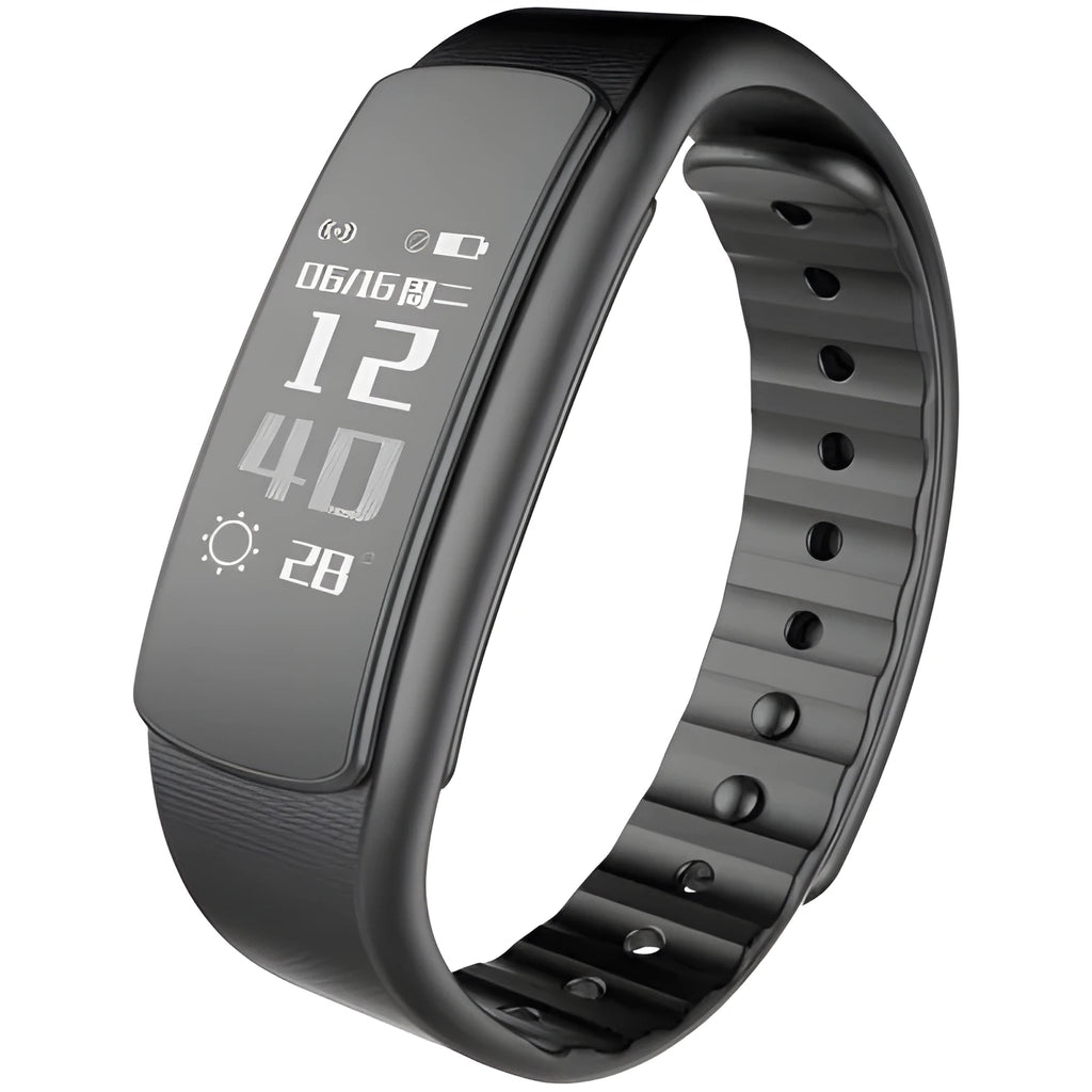 I6 smart sports bracelet with colour screen showing fitness data on black TPU wristband