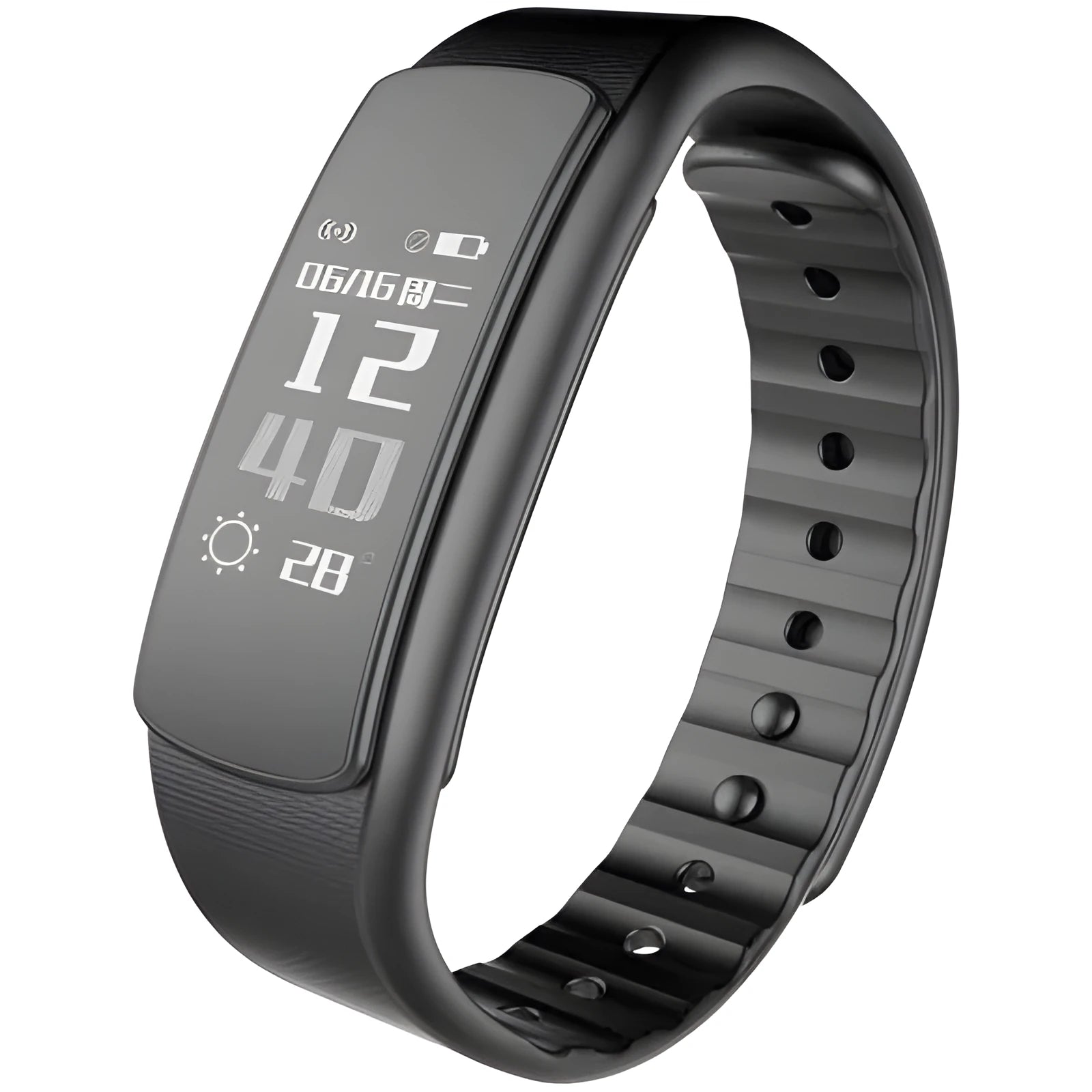I6 smart sports bracelet with colour screen showing fitness data on black TPU wristband