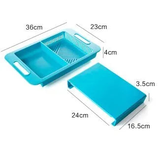 Multifunction kitchen chopping block with sink drain basket in blue, measuring 36x23x4cm, with PP surface and TPE handle