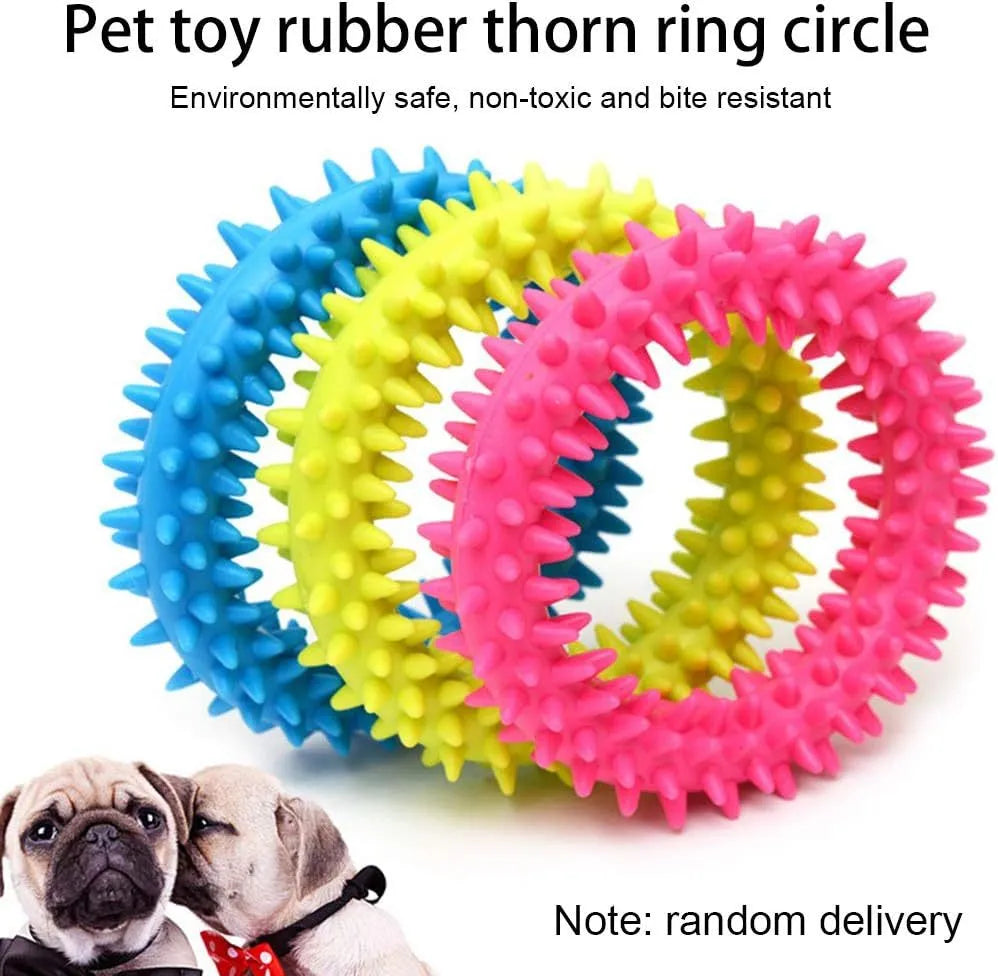 TPR spiky circle ring dog chew toy in blue with textured dental cleaning nubs