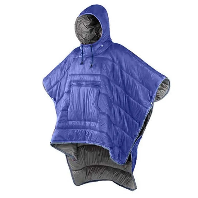 Grey adult wearable outdoor cloak sleeping bag laid flat showing 200cm length