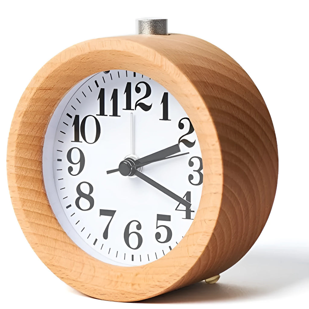 Solid beech wood alarm clock with 4-inch mirror dial and wooden casing