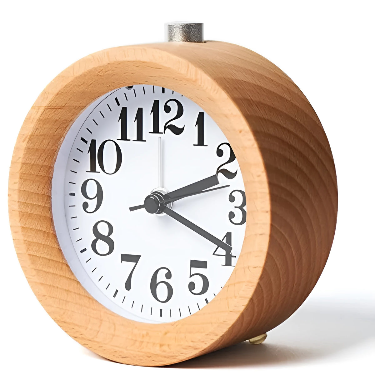 Solid beech wood alarm clock with 4-inch mirror dial and wooden casing