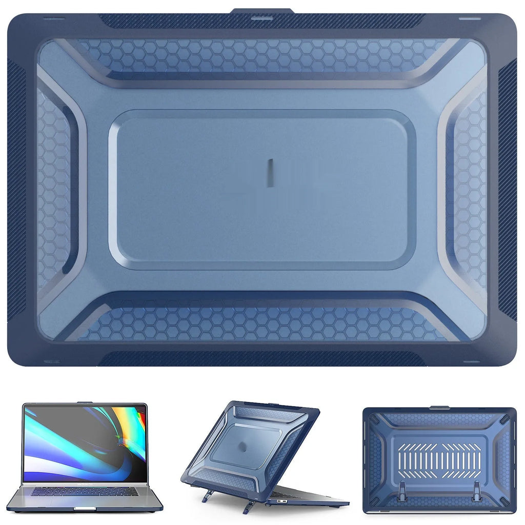 MacBook protective hard shell case in cold black, starry sky grey, elegant apricot, and sapphire blue colours.