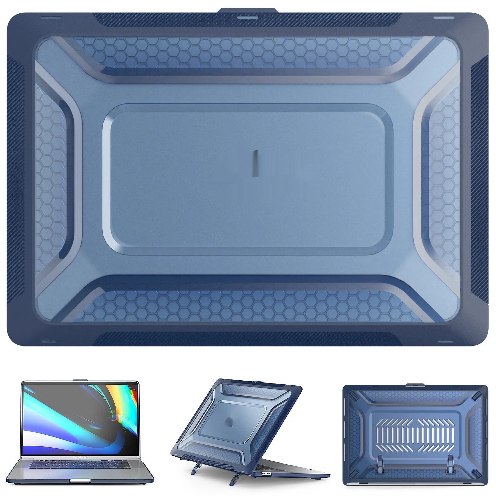 MacBook protective hard shell case in cold black, starry sky grey, elegant apricot, and sapphire blue colours.