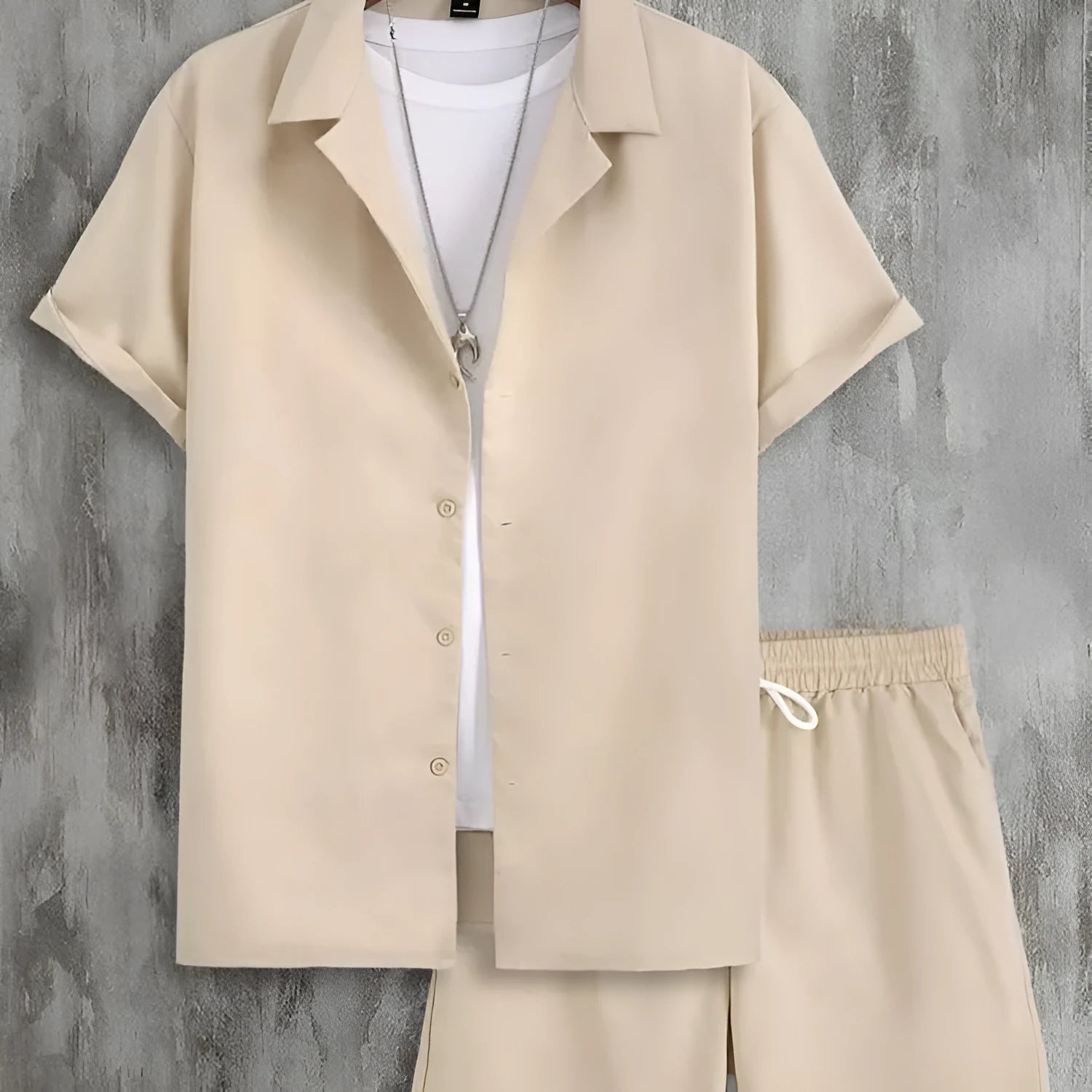 Men's short sleeve Cuban collar sport shirt and matching shorts in lightweight polyester fabric