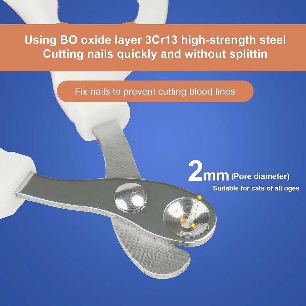 Blue pet nail clippers with circular cutting hole and cushioned non-slip handle for cats and small animals.