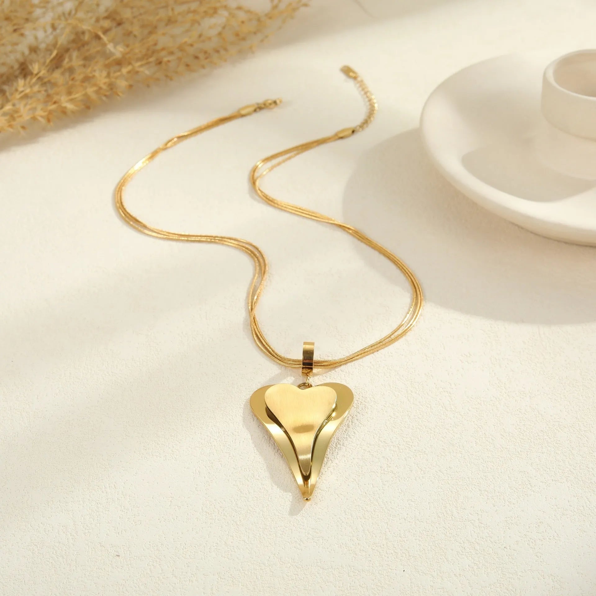 Stainless steel necklace with double heart snake bones chain geometric design