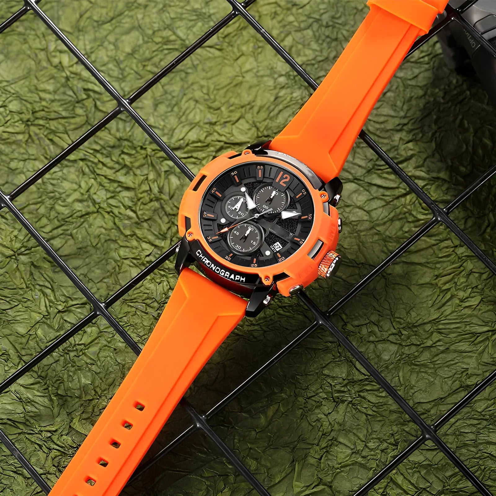 Men's black quartz wristwatch with luminous dial and calendar, waterproof to 30 metres.