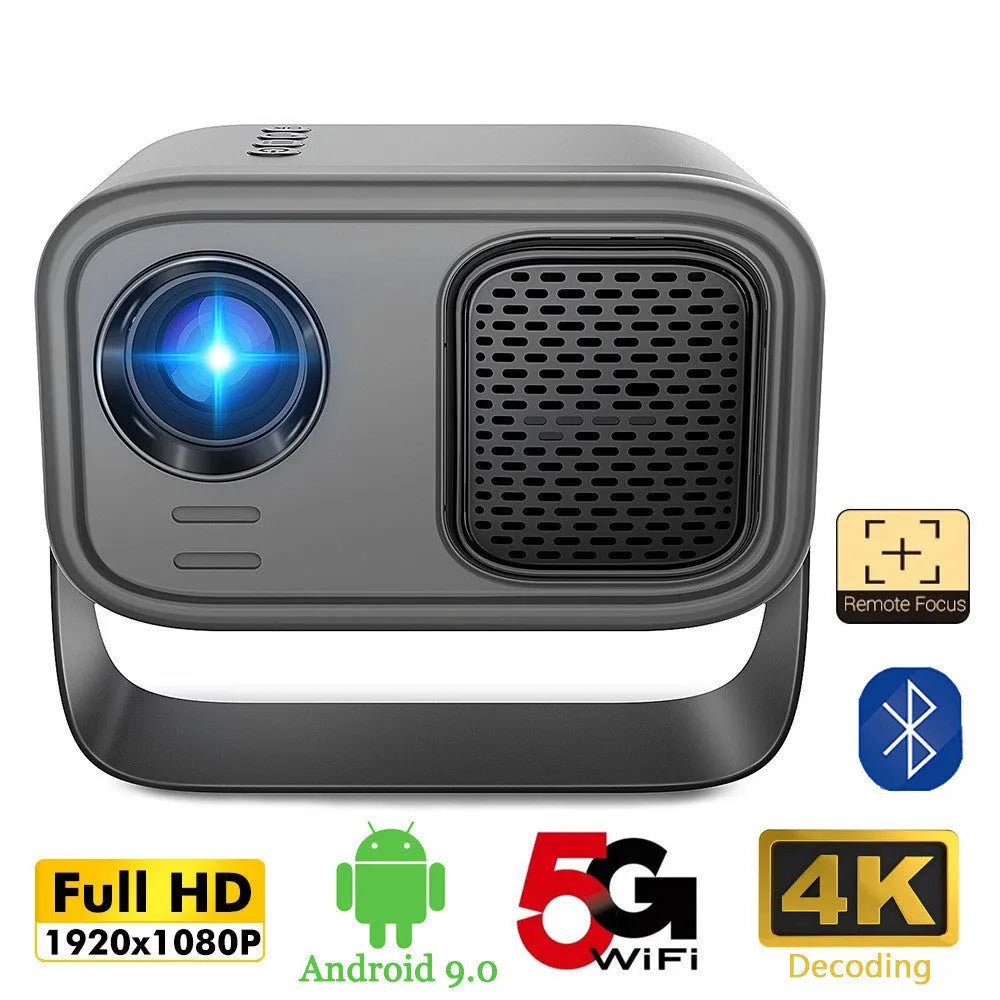 Black portable smart projector with Android system, remote control, and power cables