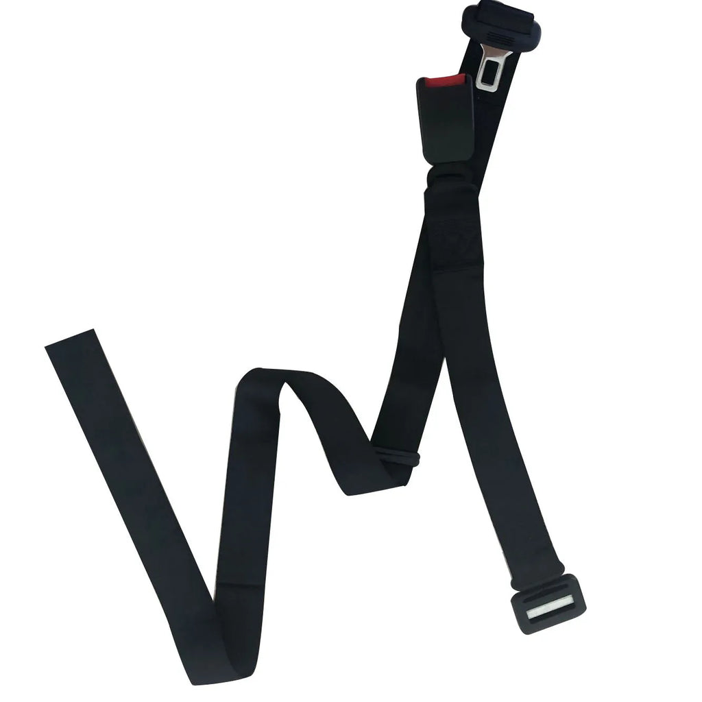 Pregnant women's adjustable car seat belt support in black with press-stud buckle, shown wrapped around a car seat.