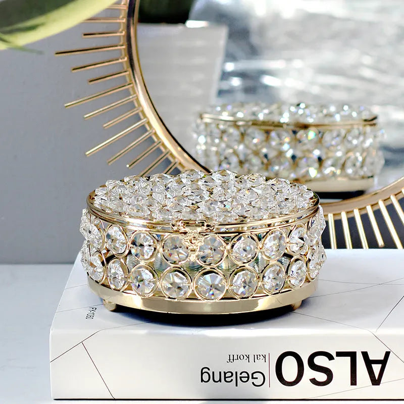 French gold metal jewellery box with transparent crystal glass panels showing jewellery inside