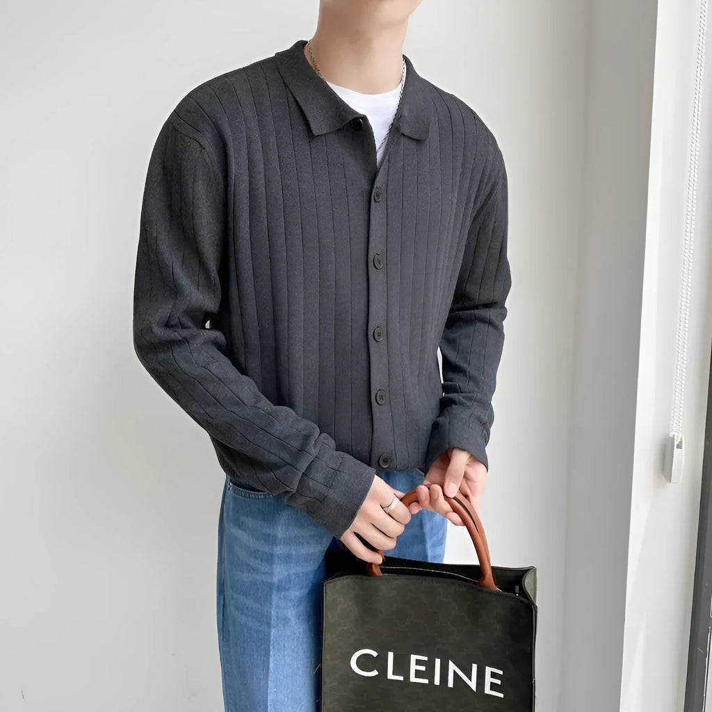 Men's loose fit cotton chenille cardigan sweater with lapel collar, available in green grey black white