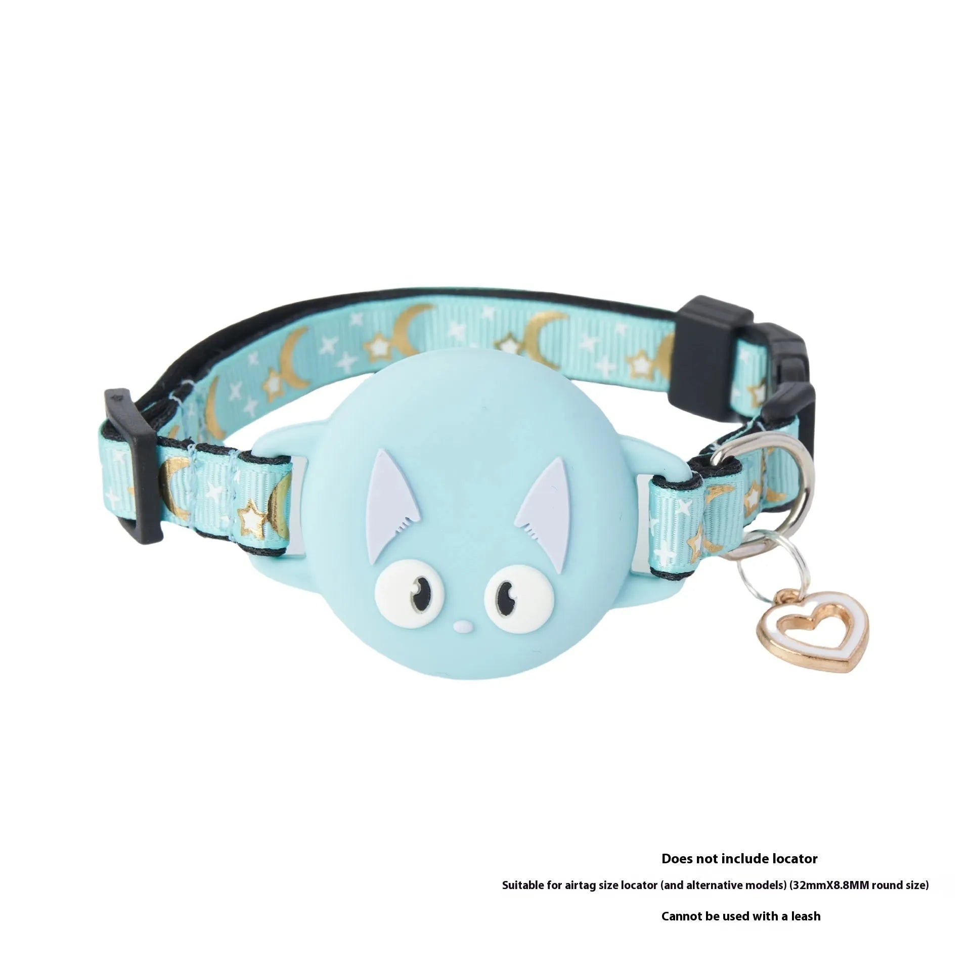 Apple AirTag protective case for cat collars in pink, blue, light green, and black colours showing S and M size options.