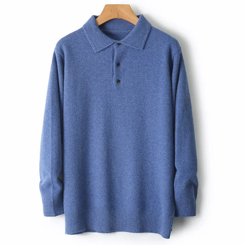 Men's wool polo collar pullover sweater in noble blue, showing long sleeves and knit texture.