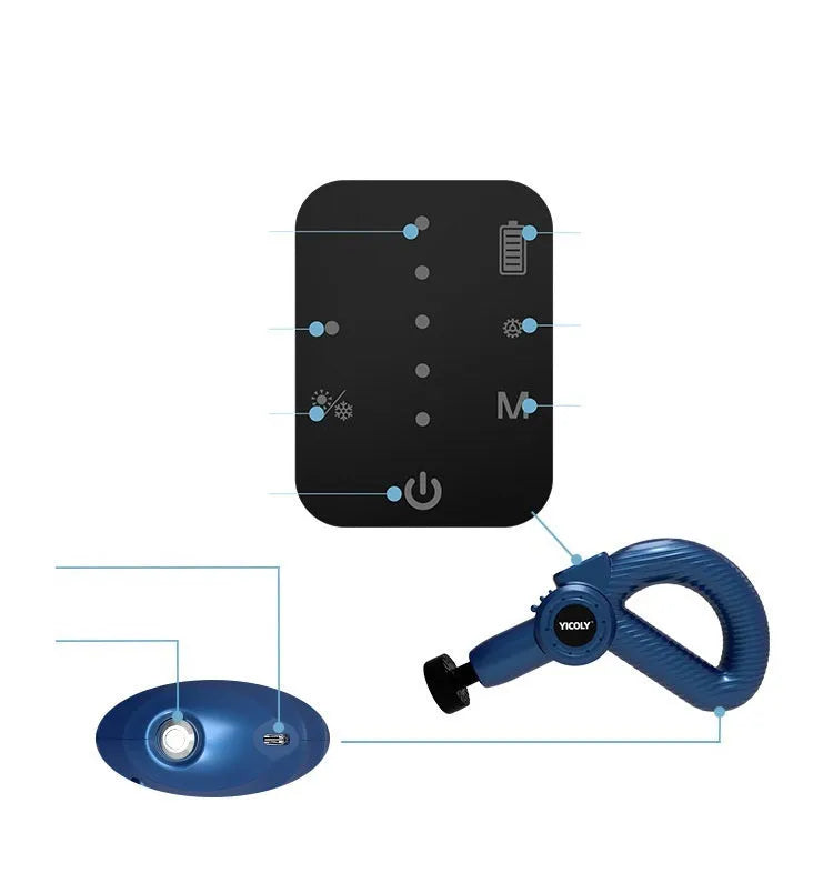 Black smart muscle massage gun with multiple massage heads for hot and ice compress therapy