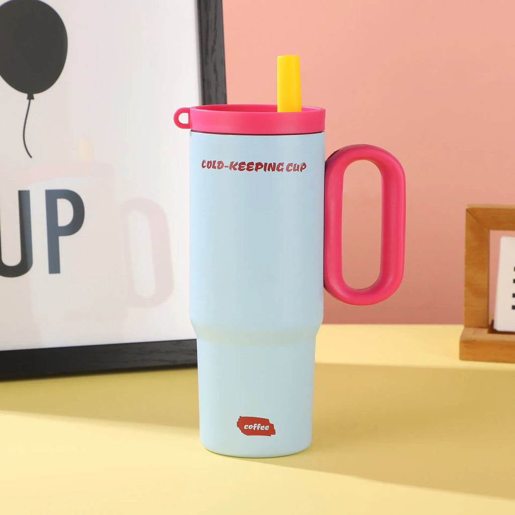 Large insulated tumbler cup with handle and screw-on straw lid