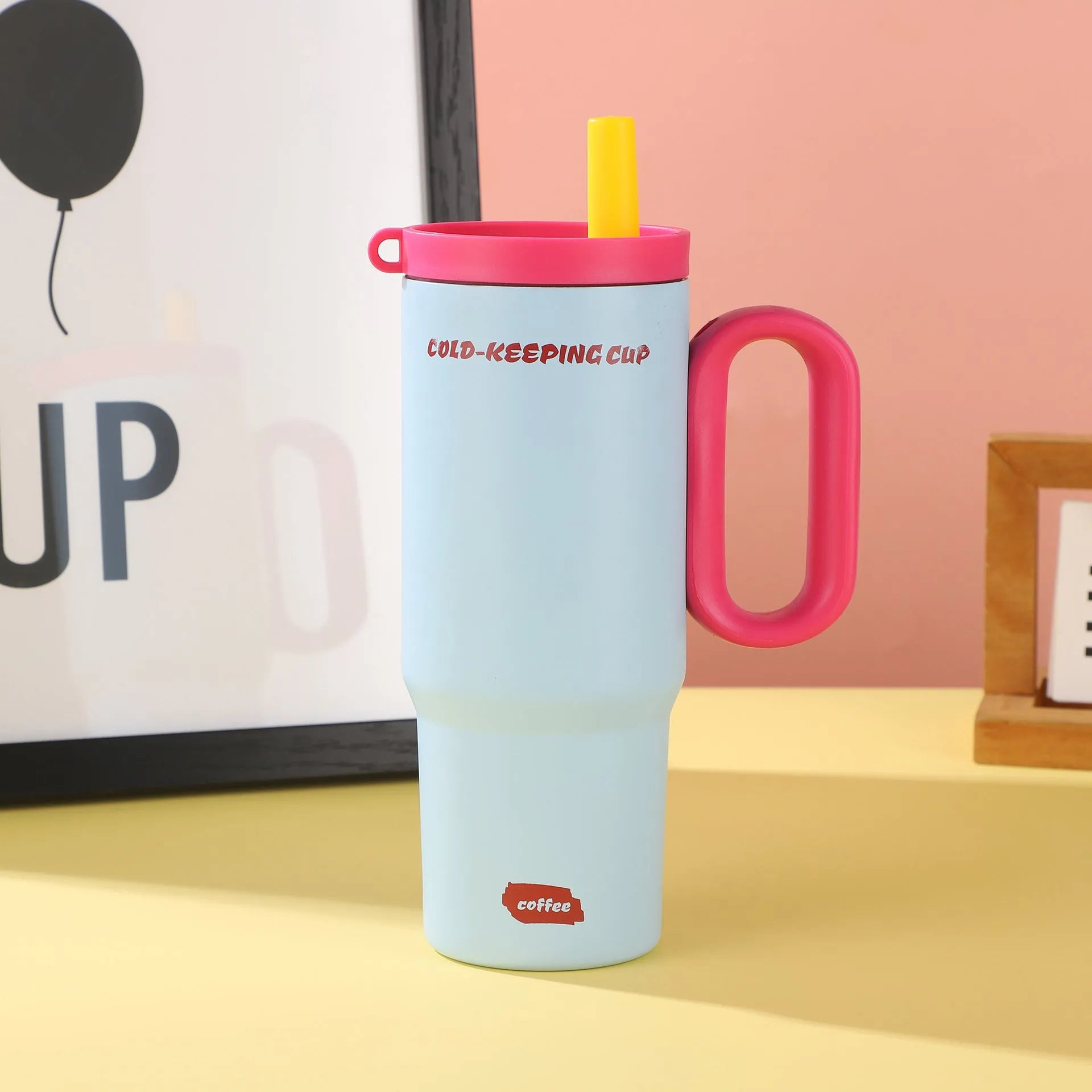 Large insulated tumbler cup with handle and screw-on straw lid