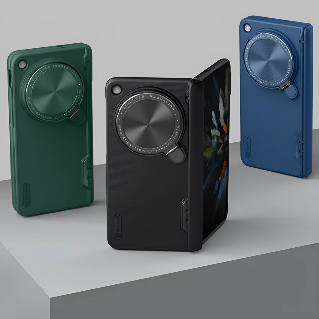 Frosted hard phone case for OnePlus folding phone with invisible metal bracket, in black, blue, or dark green.