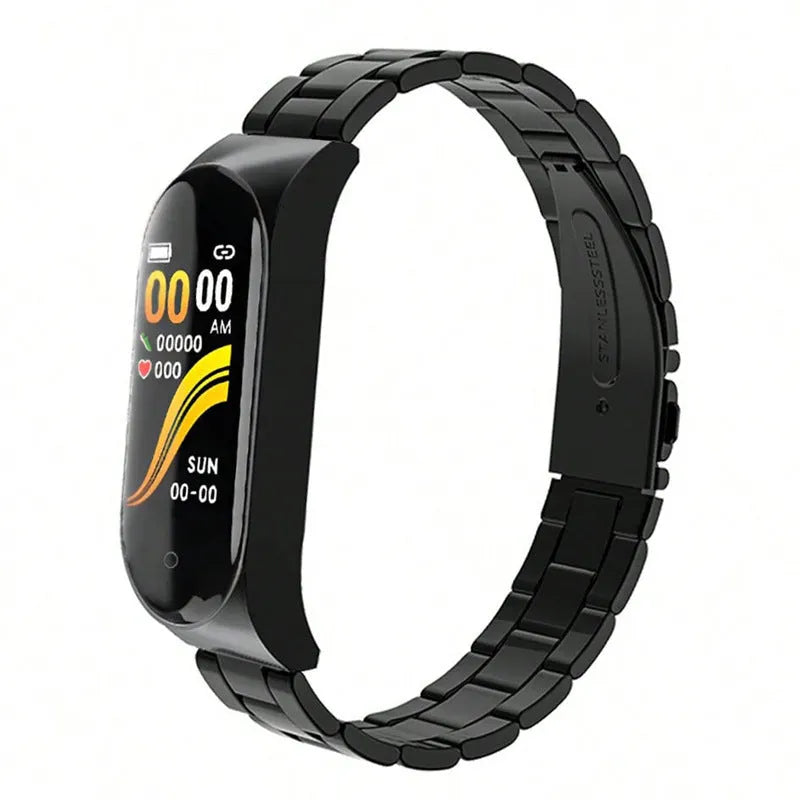 Smart bracelet with heart rate and blood pressure monitor stainless steel wristband in black