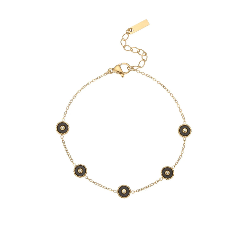Stainless steel bracelet with 18K gold electroplating and geometric fritillary design, shown with matching necklace