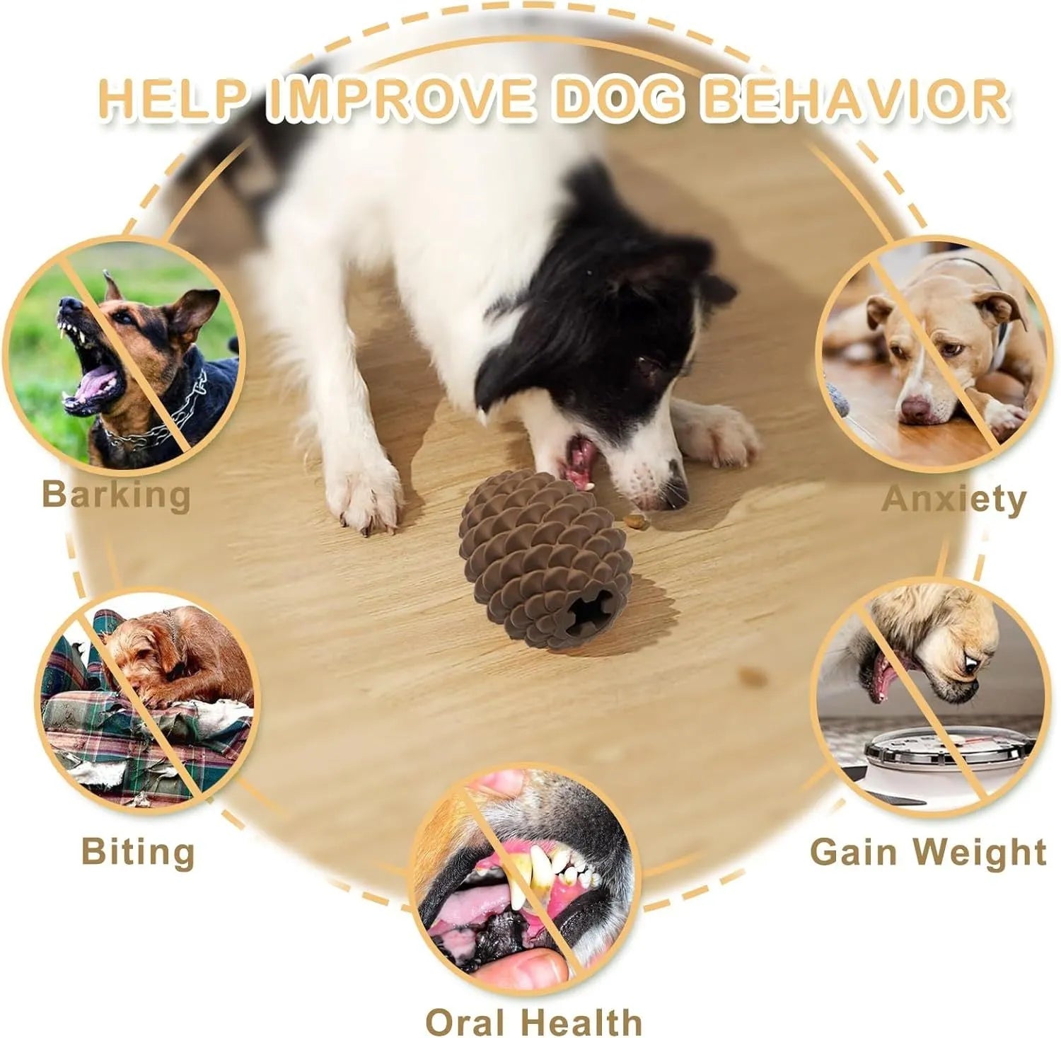 Yellow pine cone shaped natural rubber dog chew toy with treat dispenser