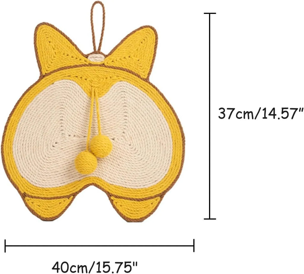 Yellow Corgi design sisal cat scratcher pad with anti-slip base measuring 37x40cm