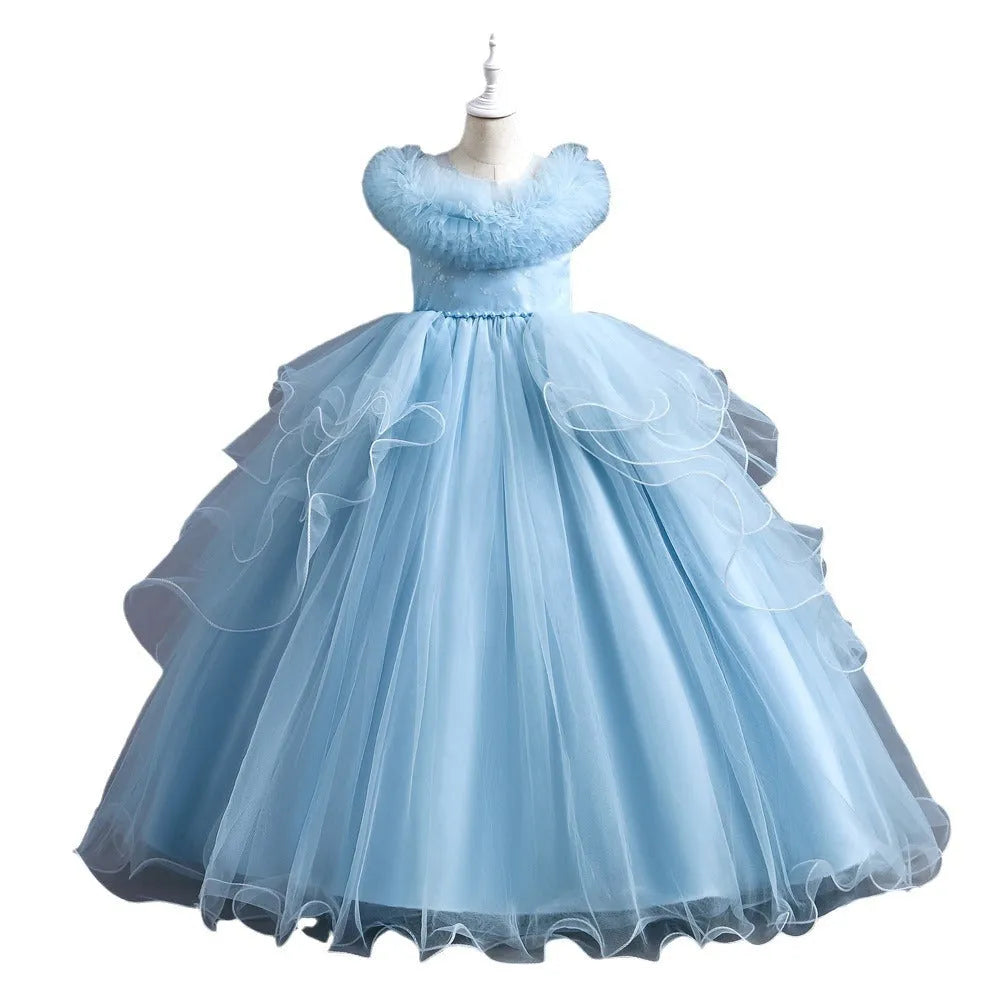 Girls Western-style princess dress in polyester fiber, available in white, light pink, blue, and Champagne, sizes 110 to 160