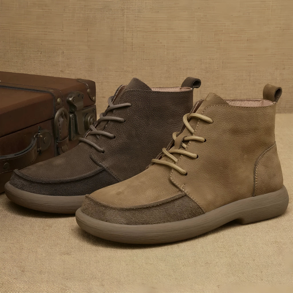 Genuine leather British-style Martin boots with wedge heel in frost-grey colour showing lace-up design and mid-calf length