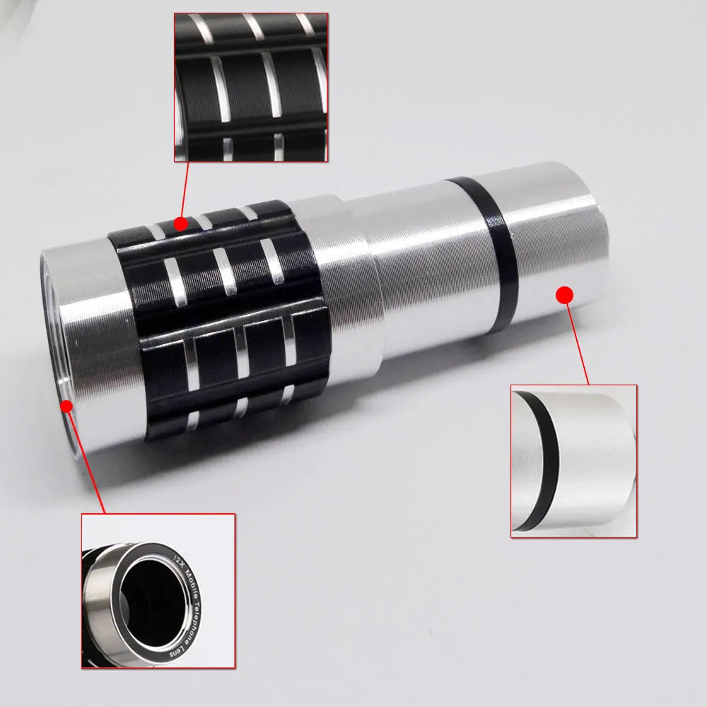 12x telescopic telephoto lens with universal clip mount for mobile phones.